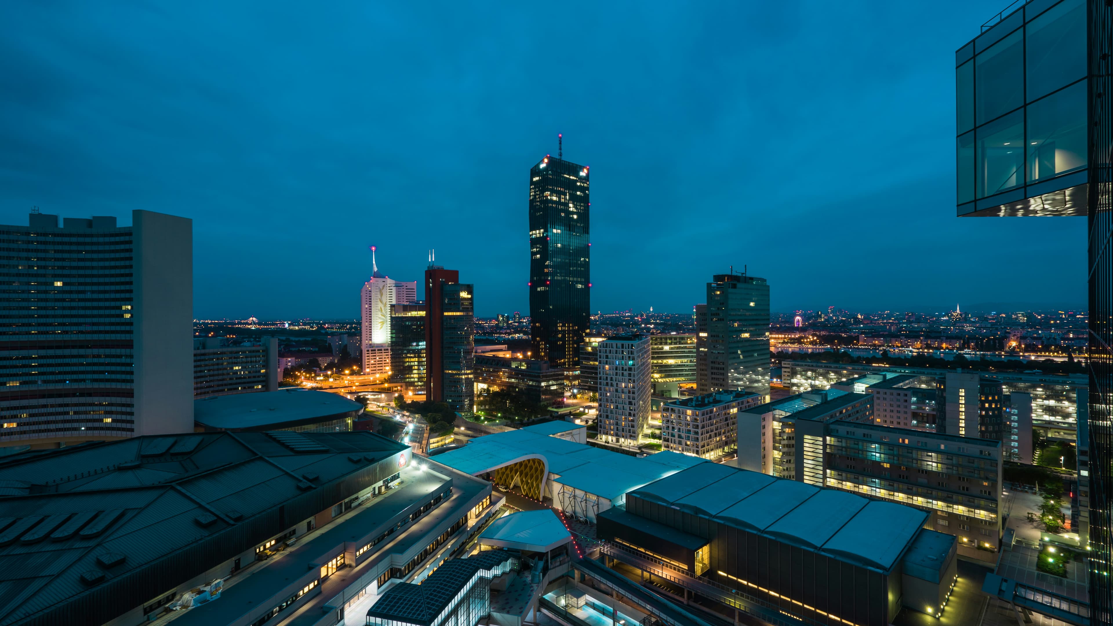 Night skyline overlooking Vienna's modern business district